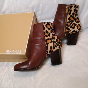 Michael Kors Ankle Boots Silvy Mocha Calf Hair & Leather Zip Booties Womens 8